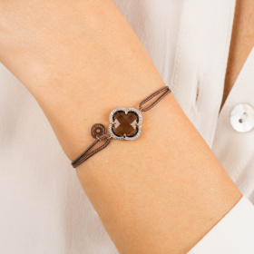 Bracelet Morganne Bello Victoria Diamant Or Rose Quartz Fumé Diamants Cordon Taupe