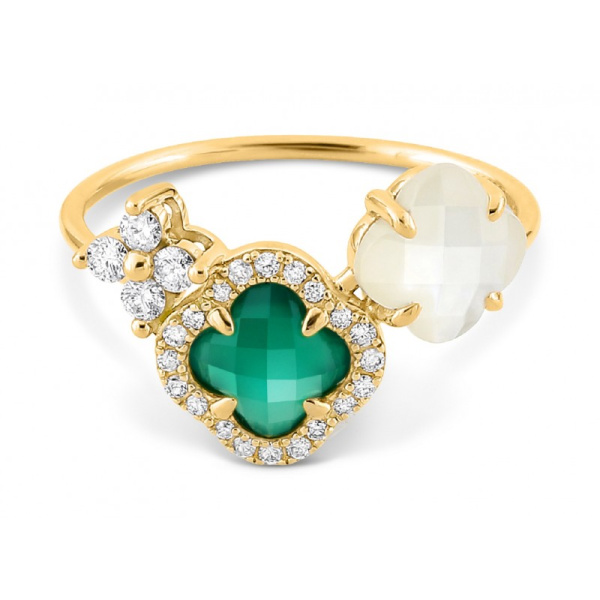 Bague Morganne Bello Bouquet Or Jaune Agate Verte & Diamants Nacre Blanche Diamants