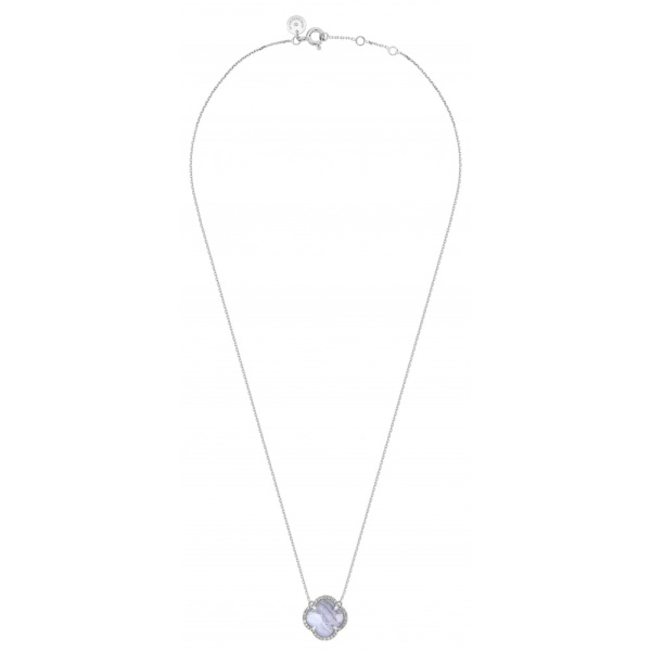 Collier Morganne Bello Victoria Diamant Or Blanc Agate Bleue Dentelle Diamants