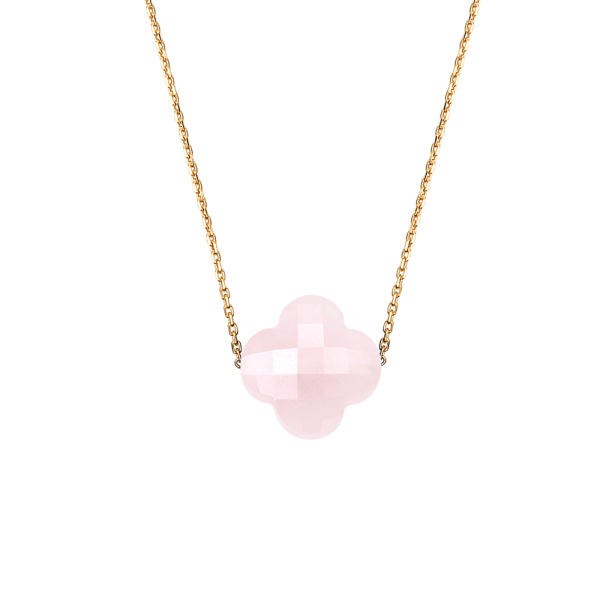 Collier Morganne Bello Or Jaune Quartz Rose Poudré Trèfle