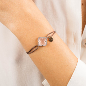 Bracelet Morganne Bello Victoria Diamant Or Rose Quartz Rose Milky Diamants Cordon Taupe