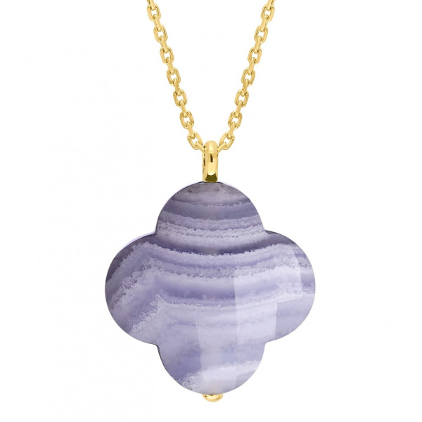 Collier Morganne Bello Or Jaune Agate Bleue Dentelle Trèfle Longueur 44 cm