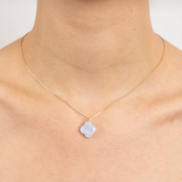 Collier Morganne Bello Or Jaune Agate Bleue Dentelle Trèfle Longueur 44 cm