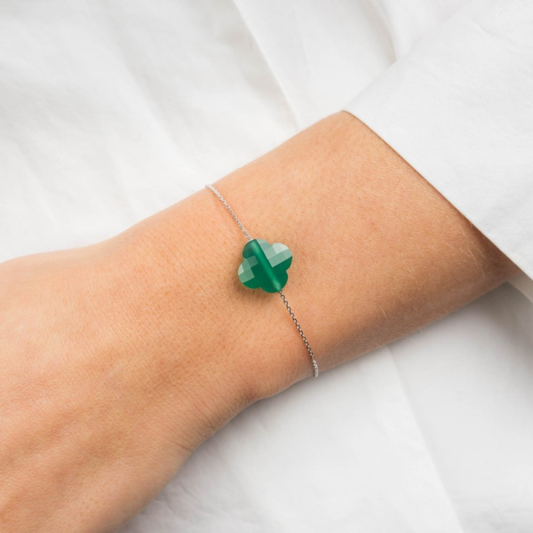 Bracelet Morganne Bello Or Blanc Agate Verte Trèfle