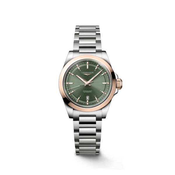 Montre Conquest Cadran Vert Bracelet Acier Coiffe Or Rose