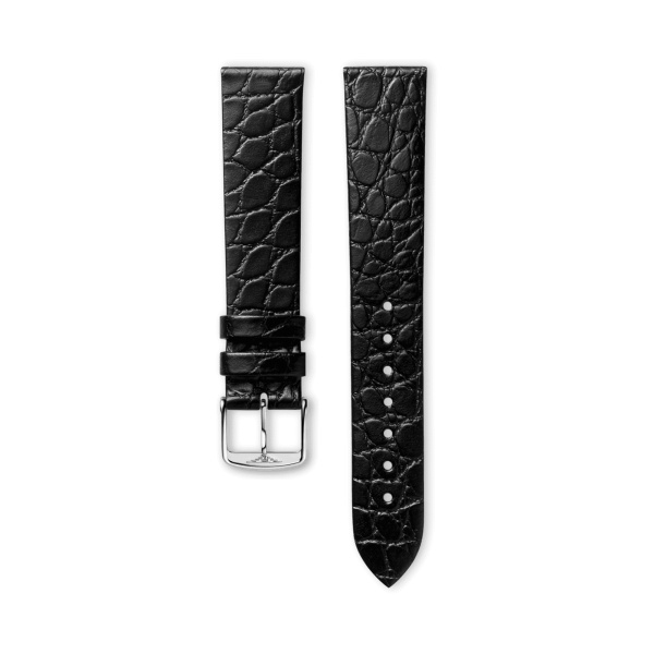 Bracelet Longines Cuir Grainé Noir Semi Mat Imprimé Crocodile 18 mm