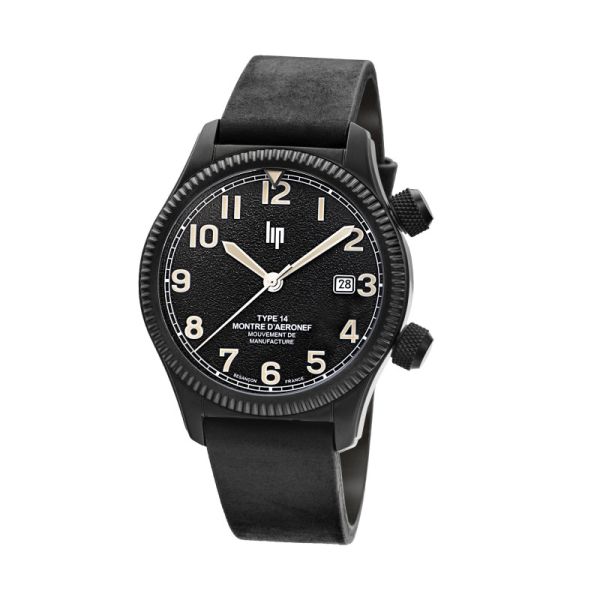 Montre Lip Type 14 41mm Automatique Cadran Noir Bracelet Cuir PVD Noir