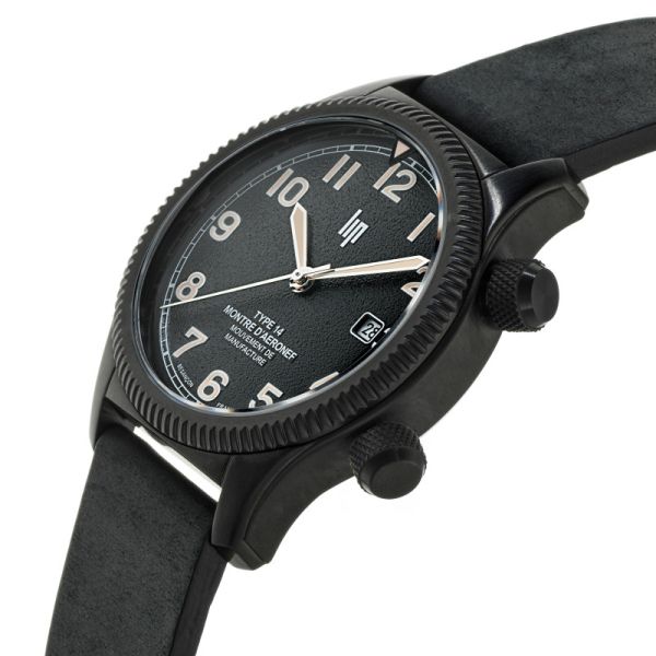 Montre Lip Type 14 41mm Automatique Cadran Noir Bracelet Cuir PVD Noir