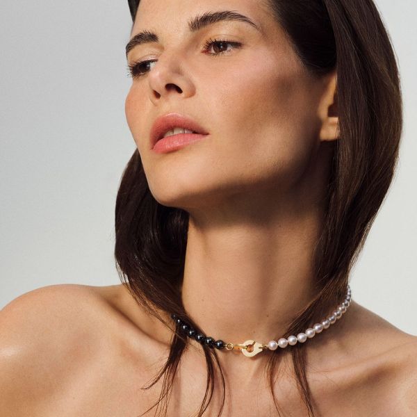Collier Dinh Van Menottes Or jaune Moyen Modèle Perles et Hématites