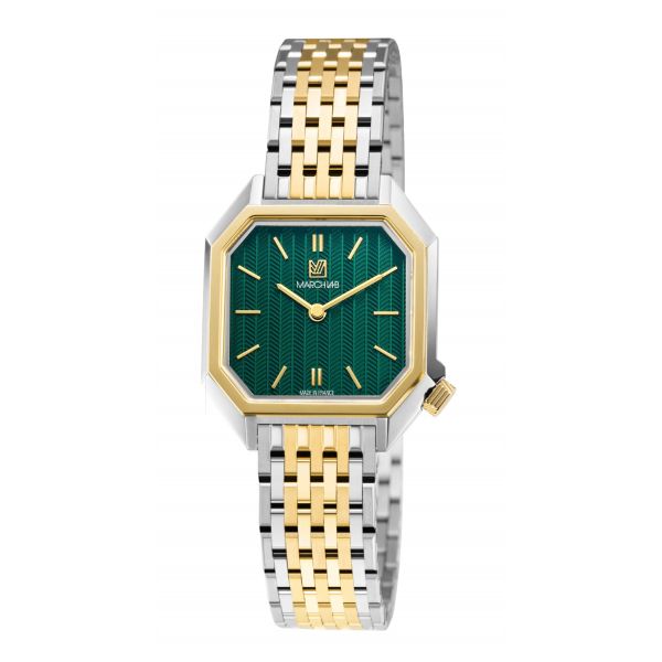 Montre March LA.B Milady Mansart Electrique Chevrons Emerald Acier poli-brossé 9 maillons bicolore