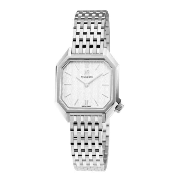 Montre March LA.B Milady Mansart Electrique Chevrons Blancs Acier poli-brossé 9 maillons