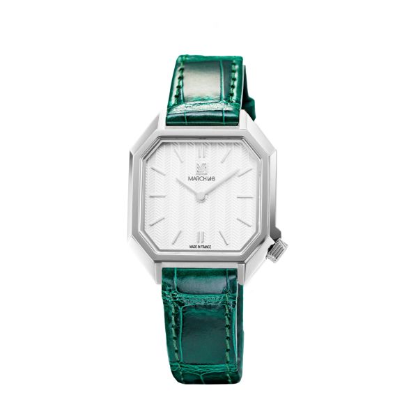 Montre March LA.B Milady Mansart Electrique Chevrons Blancs Alligator Vert