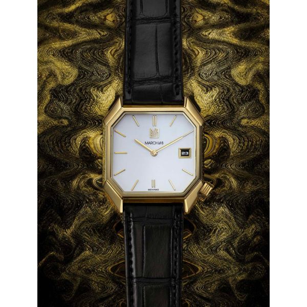 Montre March LA.B Lady Mansart Electrique Or 18k Continental Alligator Noir