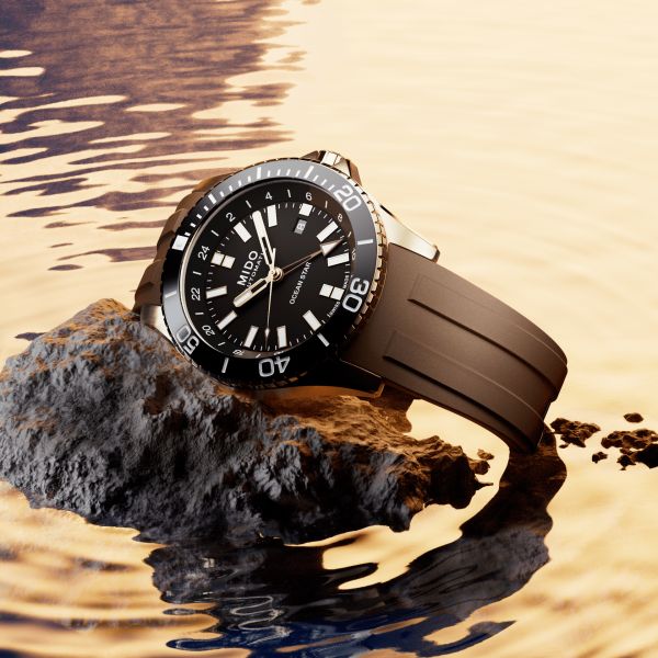 Montre Mido Ocean Star GMT Cadran Noir Bracelet Caoutchouc Brun