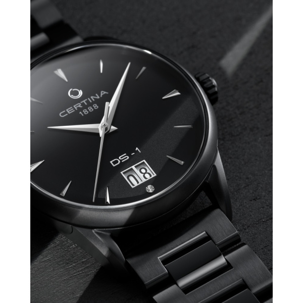 Montre Certina Montre Homme Automatique Noir Revêtement PVD Acier Automatique Cadran Noir