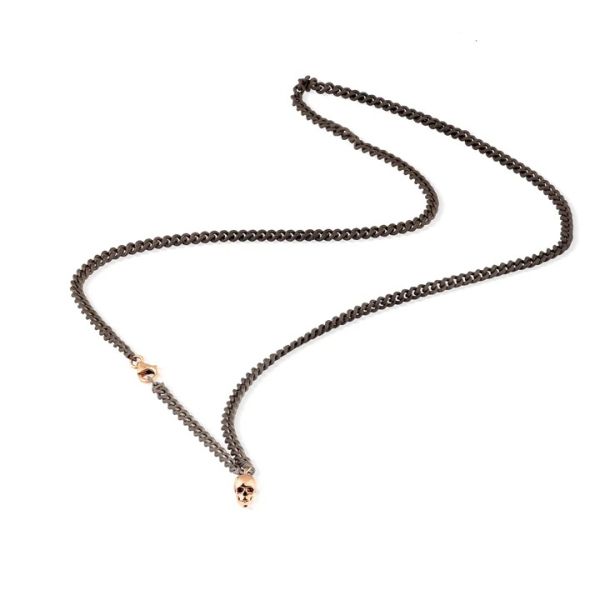 Collier Mano J Chaîne Titane Diamant Noir Skull Or Rouge 9kt