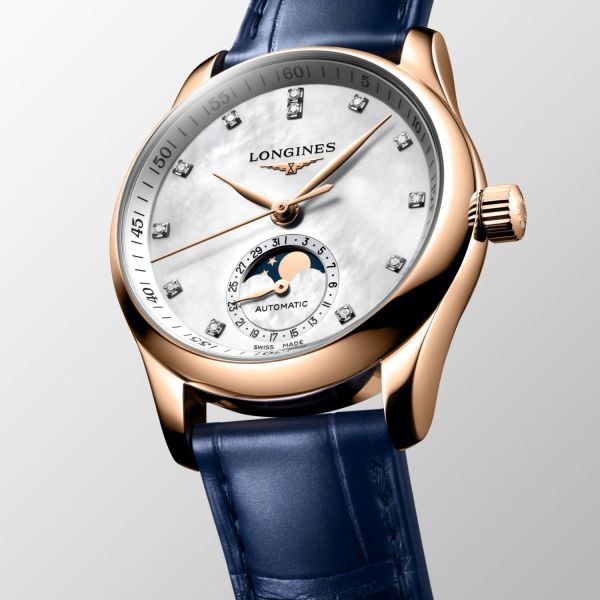 Montre Longines Master Collection Moonphase 34mm Automatique Cadran Nacre blanche Bracelet Alligator