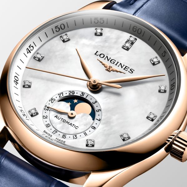 Montre Longines Master Collection Moonphase 34mm Automatique Cadran Nacre blanche Bracelet Alligator