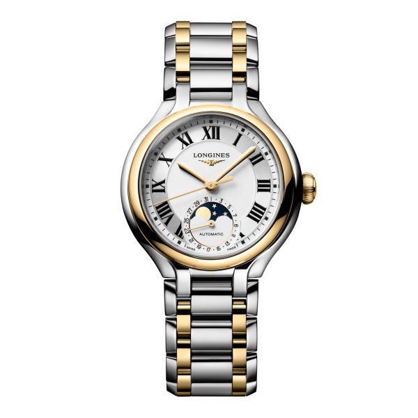 Montre Longines Primaluna Moonphase 34mm Automatique Cadran Argenté Bracelet Acier et or jaune