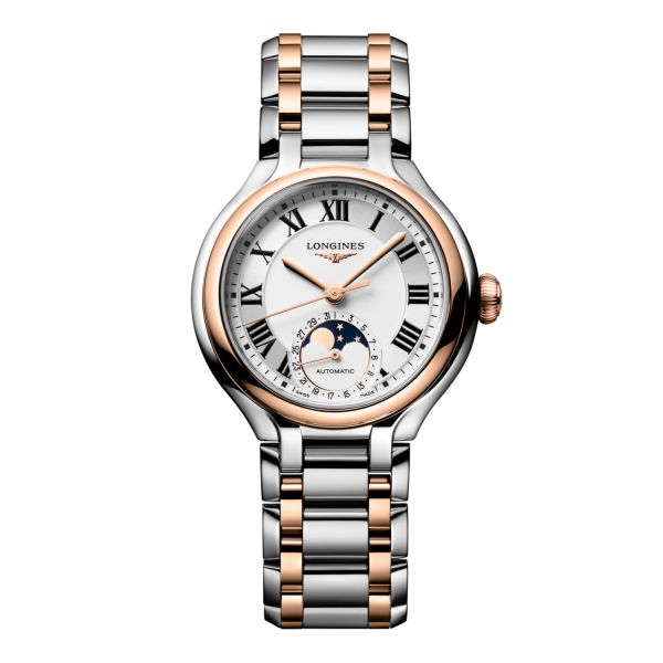 Montre Longines Primaluna Moonphase 34mm Automatique Cadran Argenté Bracelet acier et or rose