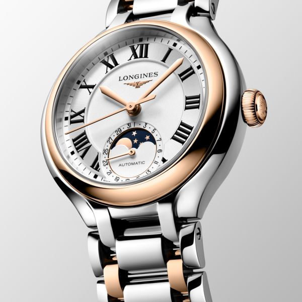 Montre Longines Primaluna Moonphase 34mm Automatique Cadran Argenté Bracelet acier et or rose