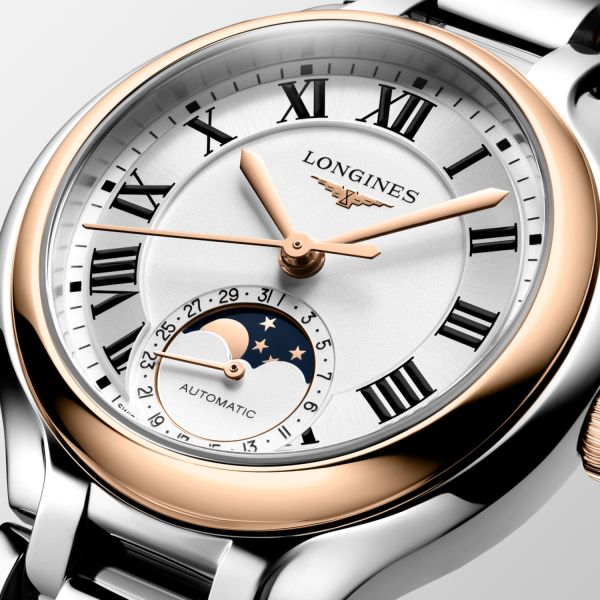 Montre Longines Primaluna Moonphase 34mm Automatique Cadran Argenté Bracelet acier et or rose