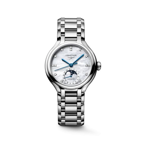 Montre Longines Primaluna Moonphase 34mm Automatique Cadran Nacre blanche Bracelet Acier
