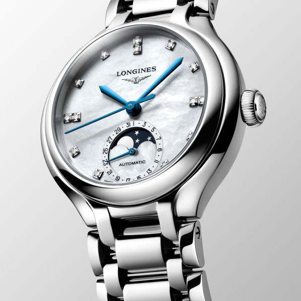 Montre Longines Primaluna Moonphase 34mm Automatique Cadran Nacre blanche Bracelet Acier