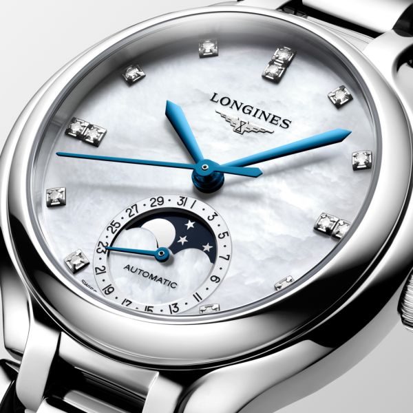 Montre Longines Primaluna Moonphase 34mm Automatique Cadran Nacre blanche Bracelet Acier