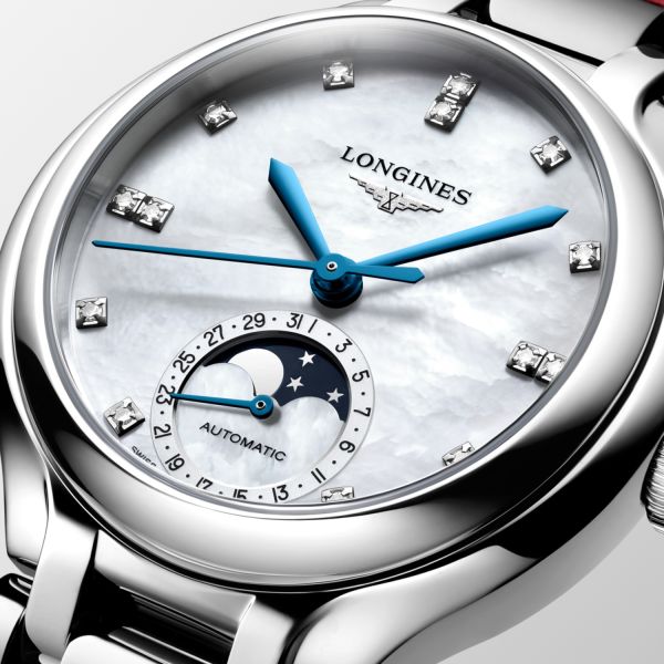 Montre Longines Primaluna Moonphase 34mm Automatique Cadran Nacre blanche Bracelet Alligator