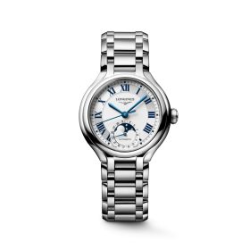 Montre Longines Primaluna Moonphase 34mm Automatique Cadran Argenté Bracelet Acier