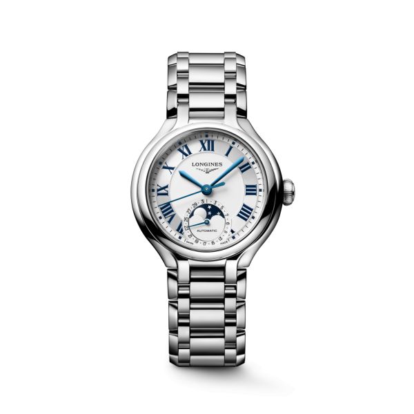 Montre Longines Primaluna Moonphase 34mm Automatique Cadran Argenté Bracelet Acier