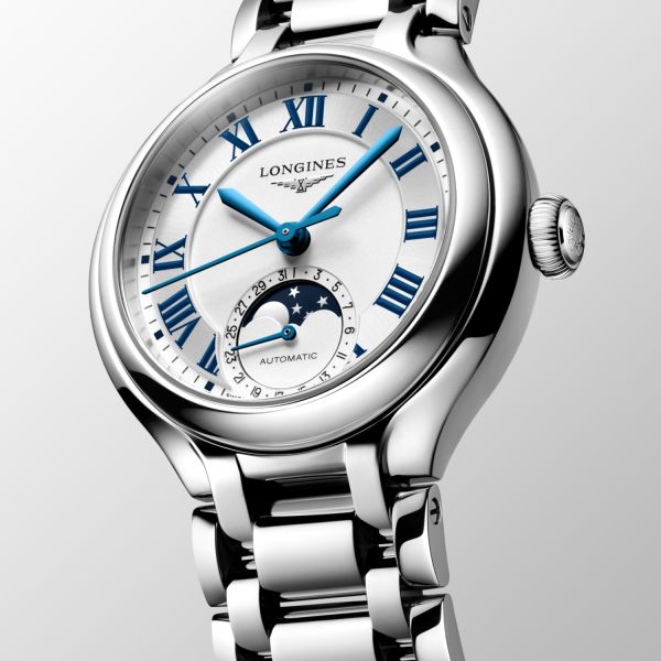 Montre Longines Primaluna Moonphase 34mm Automatique Cadran Argenté Bracelet Acier