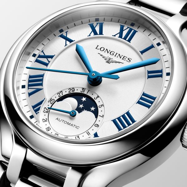 Montre Longines Primaluna Moonphase 34mm Automatique Cadran Argenté Bracelet Acier