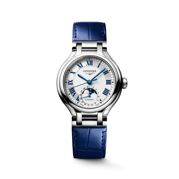 Montre Longines Primaluna Moonphase 34mm Automatique Cadran Argenté Bracelet Alligator