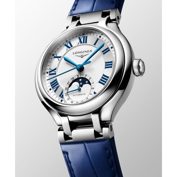Montre Longines Primaluna Moonphase 34mm Automatique Cadran Argenté Bracelet Alligator