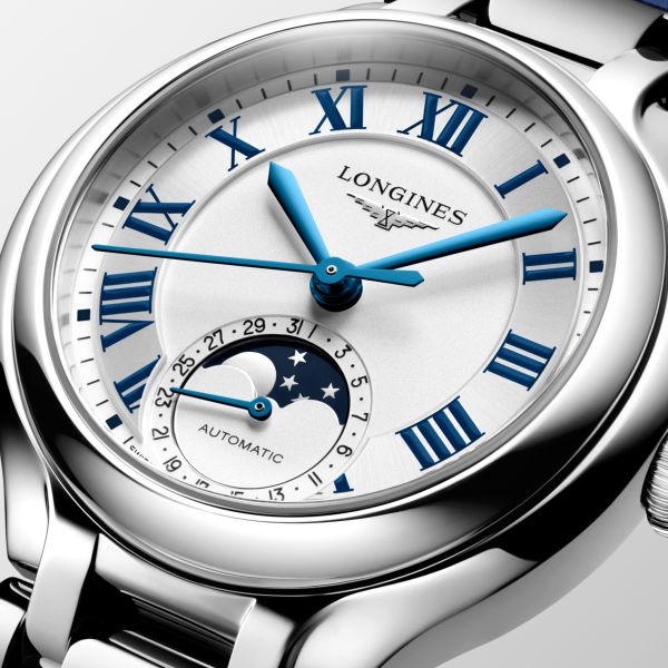 Montre Longines Primaluna Moonphase 34mm Automatique Cadran Argenté Bracelet Alligator
