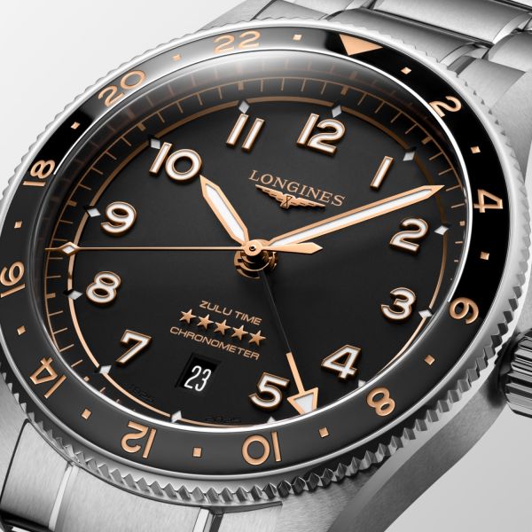Montre Longines Spirit Zulu Time 42mm Automatique Cadran Noir mat Bracelet Acier