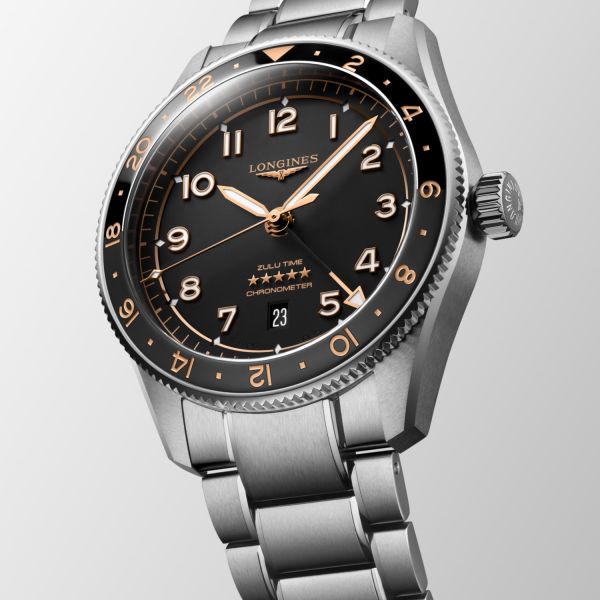 Montre Longines Spirit Zulu Time 42mm Automatique Cadran Noir mat Bracelet Acier