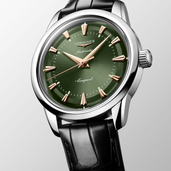 Montre Conquest Heritage 38mm Automatique Cadran Vert laqué poli Bracelet Alligator
