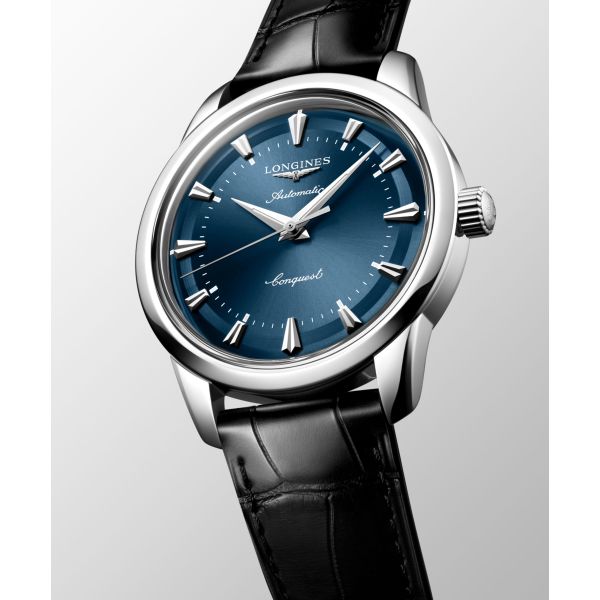Montre Conquest Heritage 40mm Automatique Cadran Bleu laqué poli Bracelet Alligator