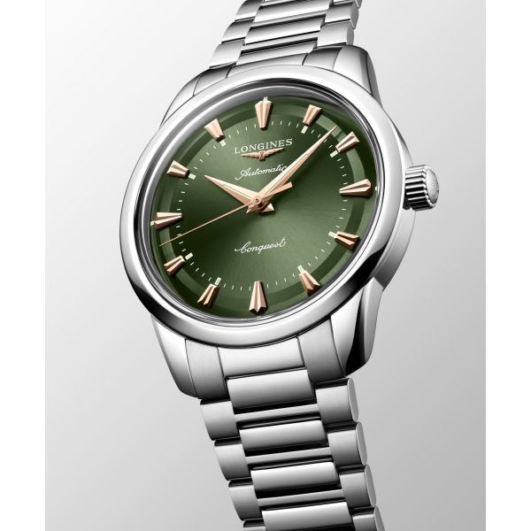 Montre Conquest Heritage 40mm Automatique Cadran Vert laqué poli Bracelet Acier