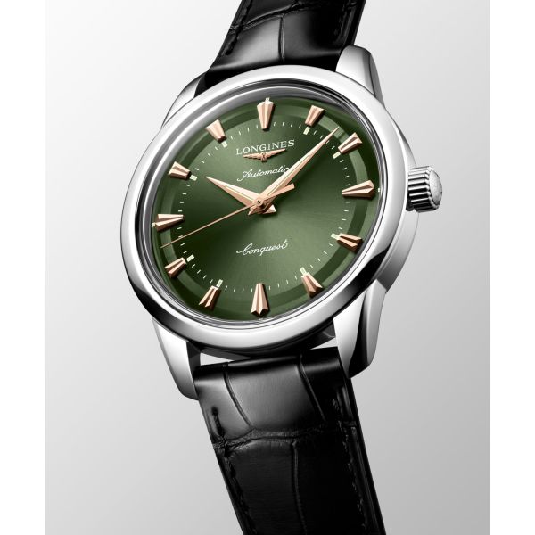 Montre Conquest Heritage 40mm Automatique Cadran Vert laqué poli Bracelet Alligator
