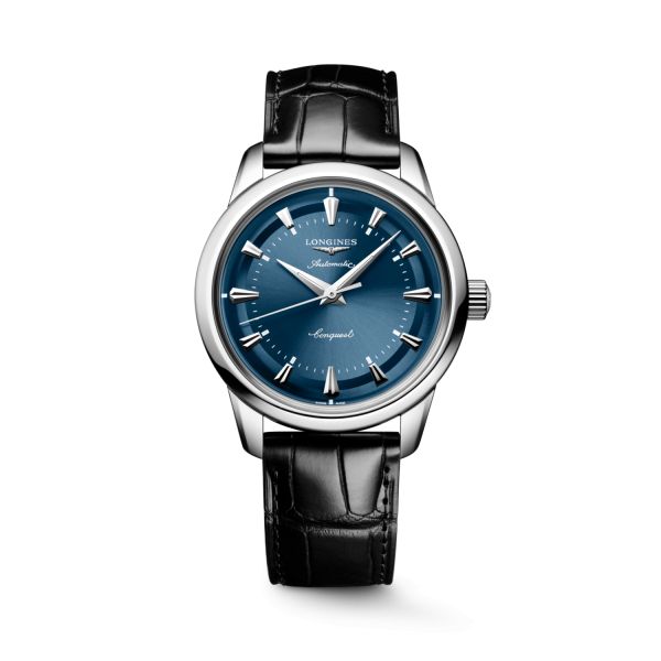 Montre Conquest Heritage 38mm Automatique Cadran Bleu laqué poli Bracelet Alligator