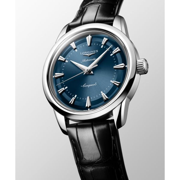 Montre Conquest Heritage 38mm Automatique Cadran Bleu laqué poli Bracelet Alligator