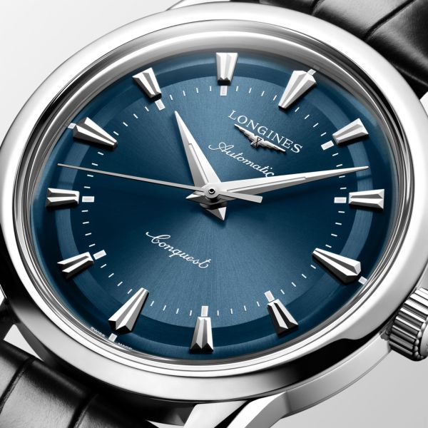 Montre Conquest Heritage 38mm Automatique Cadran Bleu laqué poli Bracelet Alligator