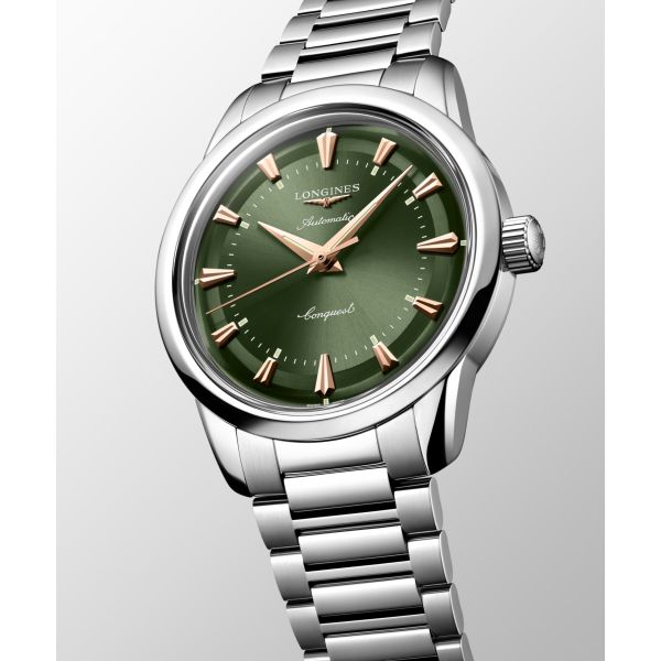 Montre Longines Conquest Heritage 38mm Automatique Cadran Vert laqué poli Bracelet Acier