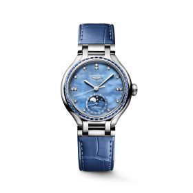 Montre Longines Primaluna Moonphase 34 mm Automatique Cadran Nacre bleue Bracelet Alligator