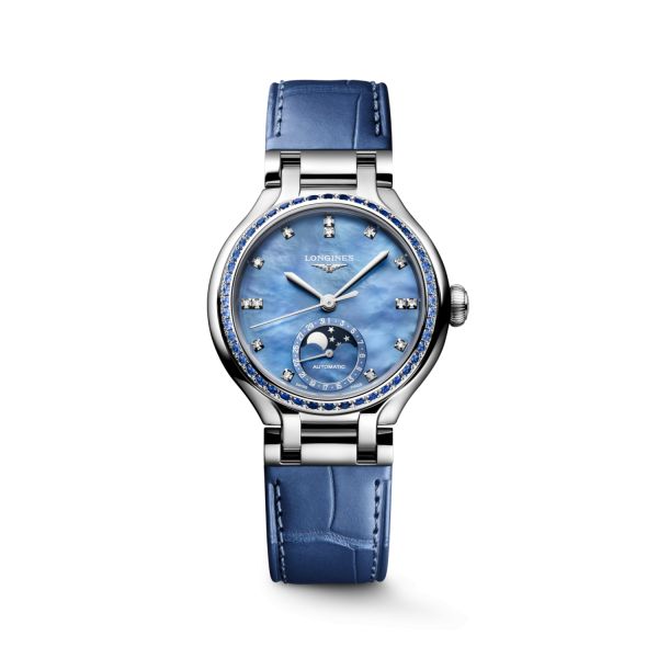Montre Longines Primaluna Moonphase 34 mm Automatique Cadran Nacre bleue Bracelet Alligator