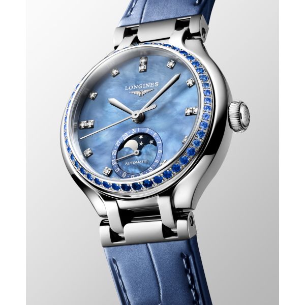 Montre Longines Primaluna Moonphase 34 mm Automatique Cadran Nacre bleue Bracelet Alligator